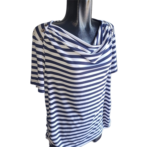 Claire France Navy and White Striped Short Sleeve Drape Neck Top 1X - Picture 2 of 6